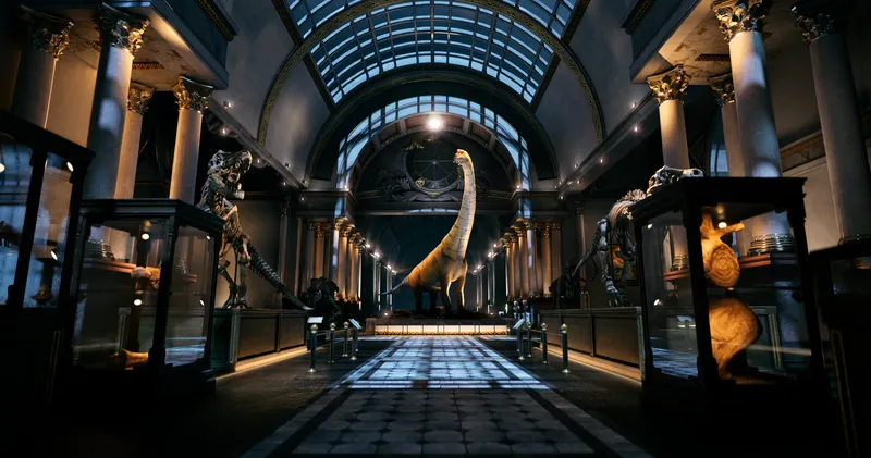 A natural history museum hall at night