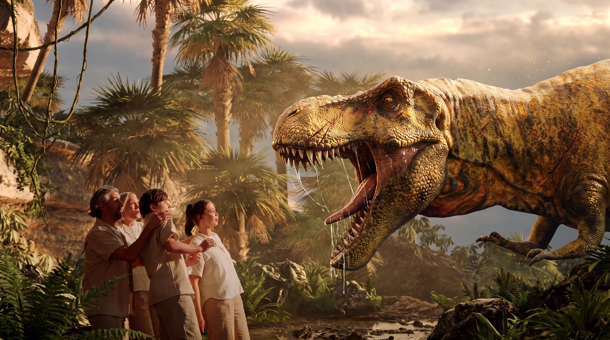 A family shelters as a tyrannosaur roars