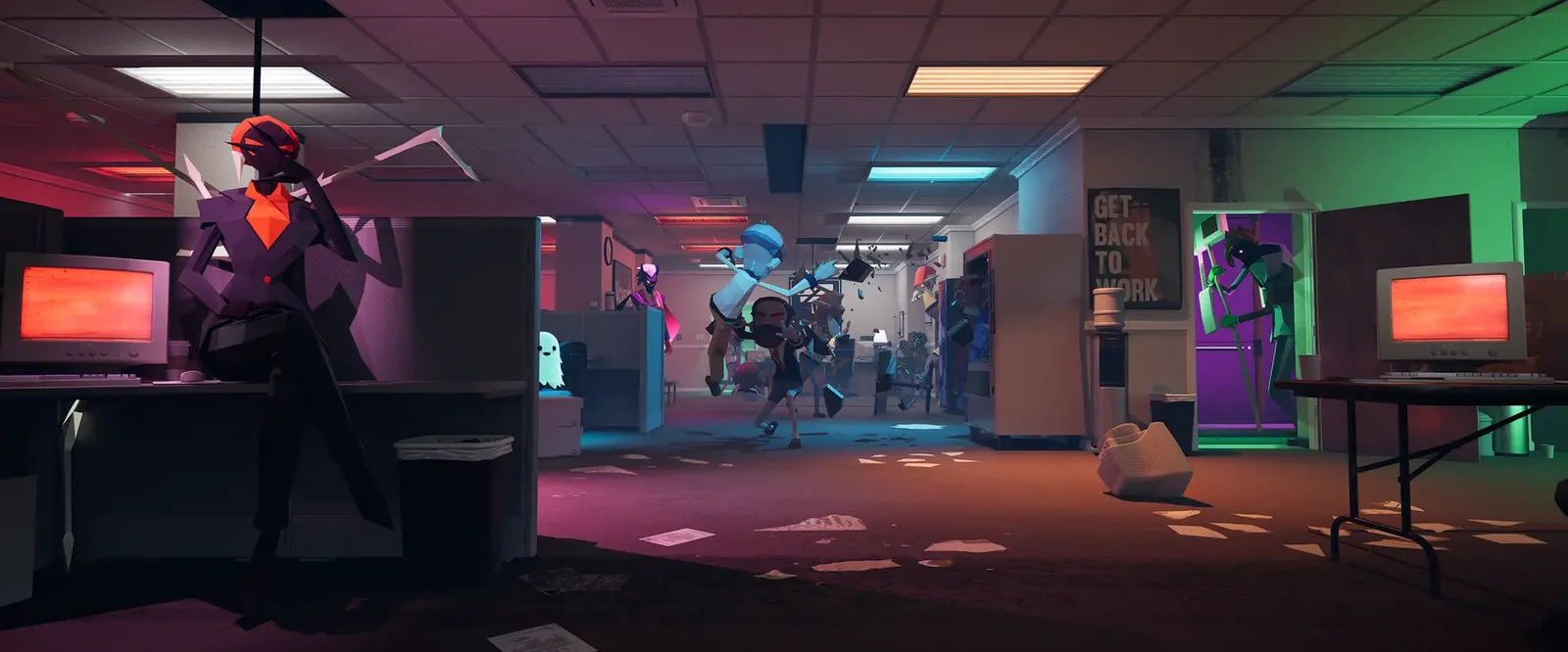 A ghost wrecks an office at night