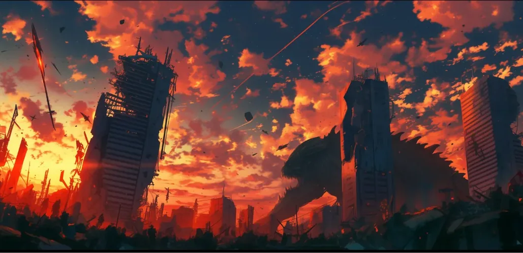 Kaiju in the ruins at dusk